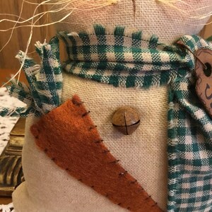 May include: A handmade plush bunny toy with a green and white checkered scarf, a brown felt carrot patch, and a brown bell. The bunny has a beige fabric body and a brown nose.