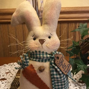 May include: A white fabric bunny with a green and white checkered scarf, a brown carrot, and a tag that says "Spring".
