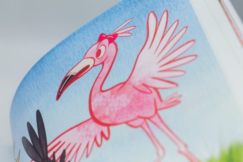 May include: A pink flamingo with a pink bow on its head is flying with its wings spread out. The background is a light blue sky.