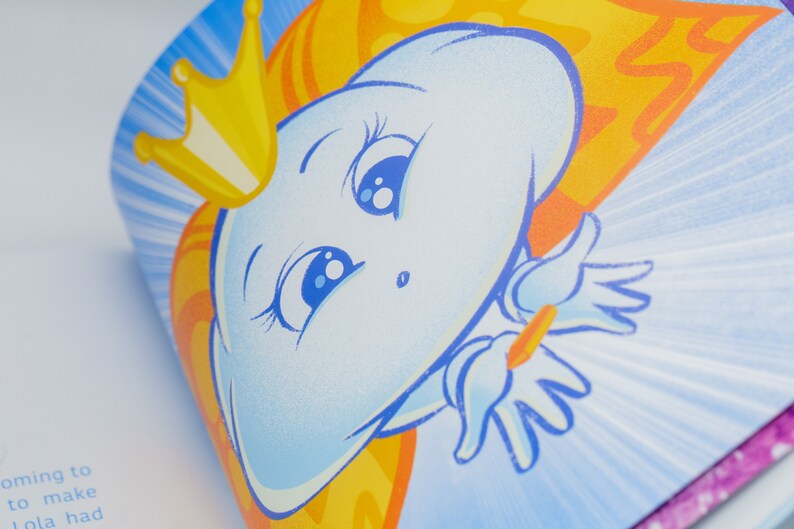 May include: A blue cartoon character with a crown and a yellow and orange cape. The character has large blue eyes and a big smile. The background is blue with white rays of light.