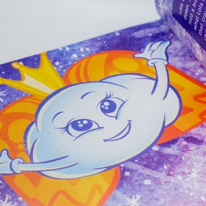 May include: A cartoon illustration of a blue cloud with a crown, wearing a yellow and orange cape, against a purple background with white stars. The cloud has a smiling face with large blue eyes and eyelashes.