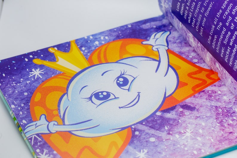 May include: A cartoon illustration of a blue cloud with a crown, wearing a yellow and orange cape, against a purple background with white stars. The cloud has a smiling face with large blue eyes and eyelashes.