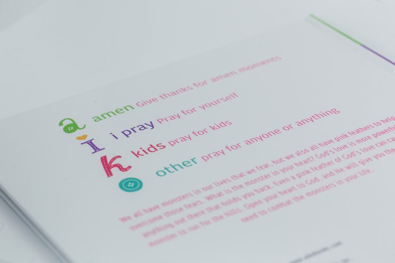 May include: A colourful printable poster with the words "amen", "i pray", "kids", and "other" in a playful font. The poster encourages prayer for different people and situations.