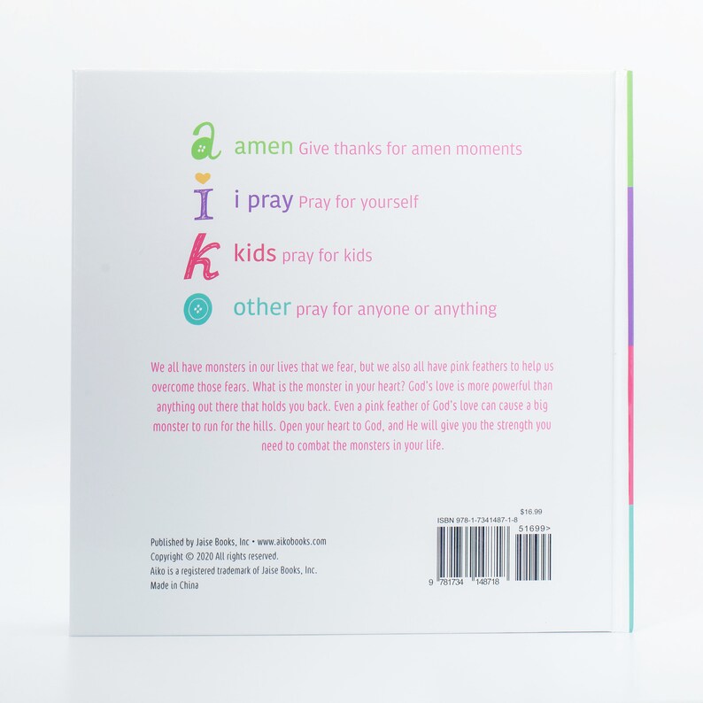 May include: A pink, green, and purple book cover with the words "amen", "i pray", "kids", and "other" in colourful letters. The text reads "Give thanks for amen moments", "Pray for yourself", "Pray for kids", and "Pray for anyone or anything". The book cover also includes a short paragraph about overcoming fears with God's love.