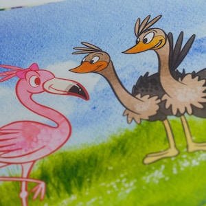 May include: A pink flamingo with a pink bow on its head stands on a green grassy field. Two ostriches with black and white feathers stand behind the flamingo. The ostriches have orange beaks and black eyes.