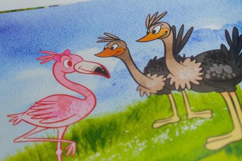 May include: A pink flamingo with a pink bow on its head stands on a green grassy field. Two ostriches with black and white feathers stand behind the flamingo. The ostriches have orange beaks and black eyes.