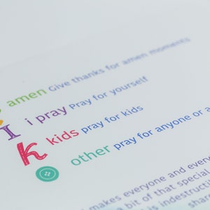 May include: A page from a children's book with colorful letters and illustrations. The text reads "amen Give thanks for amen moments I i pray Pray for yourself k kids pray for kids other pray for anyone or anything"
