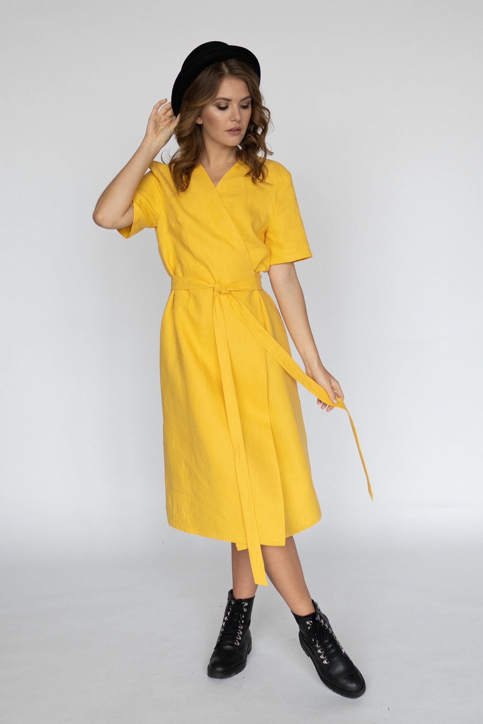 long sleeve linen wrap dress