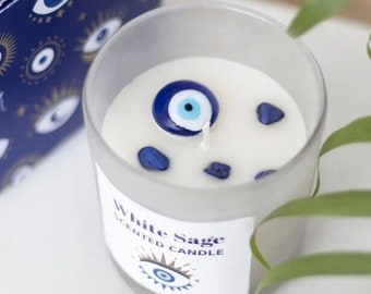 All Seeing Eye White Sage Crystal Chip Protection Candle.