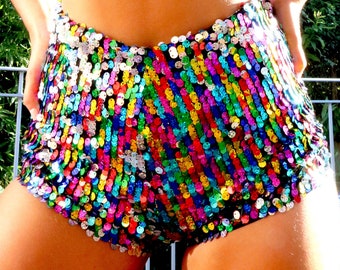 Rainbow sequin high waisted shorts hot pants handmade in UK