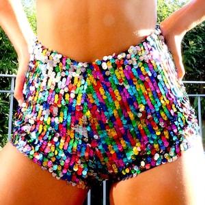 Rainbow sequin high waisted shorts hot pants handmade in UK