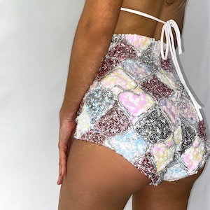 White, Pink and Silver Sequin Love Heart High Waisted Shorts