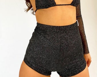 Black Sparkle High waisted hot pants handmade elastic waistband