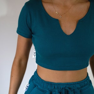 Teal Blue Ribbed Crop Top Short Sleeve