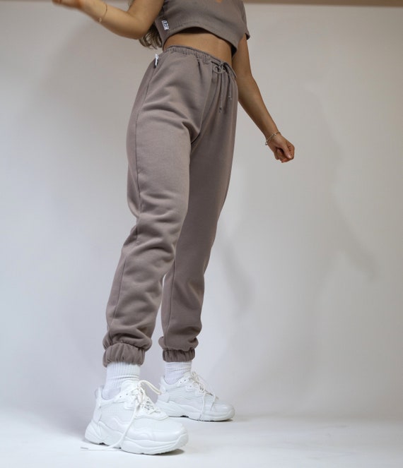 Taupe High Waisted Joggers Loungewear Handmade Etsy UK