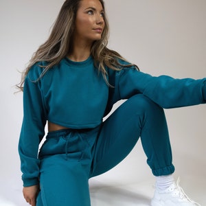 Teal Blue Crop Sweatshirt Jumper Loungewear handmade