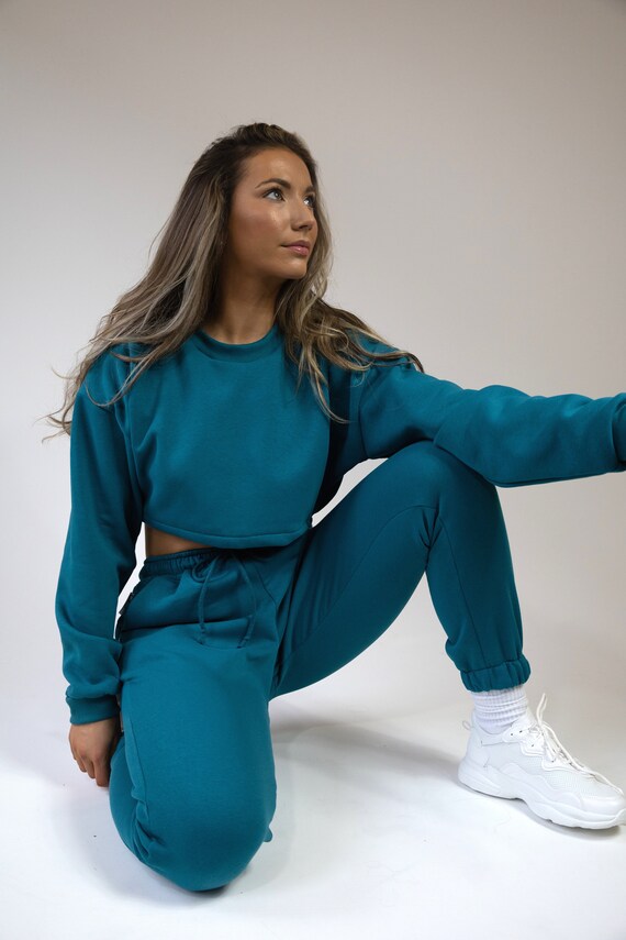 Teal Blue Crop Sweatshirt Jumper Loungewear Handmade Etsy Ireland