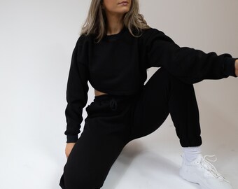 Black Crop Sweatshirt Pullover Loungewear handmade