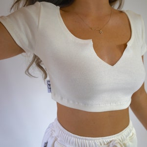 Cream Ribbed Crop Top Short Sleeve