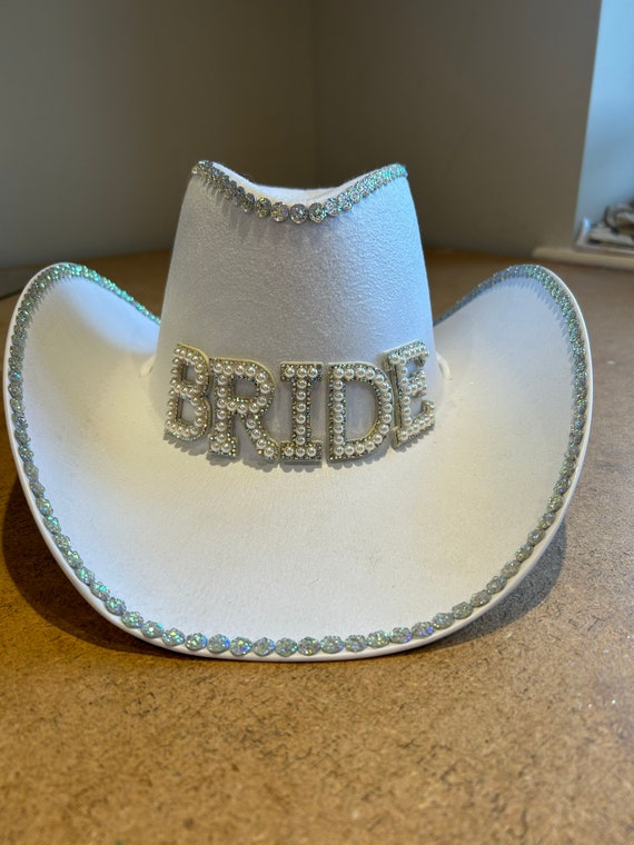 Handmade bride cowboy hat Bride Cowboy Hat With Veil: Custom Beaded Bachelorette  main image 2