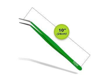 10” Cynamed Kitchen Premium Tongs Tweezers Stainless Steel, Long with Precision Serrated Curved Tips (Green Color) Multi Purpose Forceps