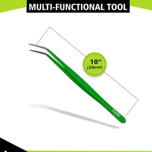 10 Cynamed Kitchen Premium Tongs Tweezers Stainless Steel, Long with Precision Serrated Curved Tips Green Color Multi Purpose Forceps image 1