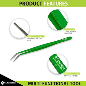 10 Cynamed Kitchen Premium Tongs Tweezers Stainless Steel, Long with Precision Serrated Curved Tips Green Color Multi Purpose Forceps image 3