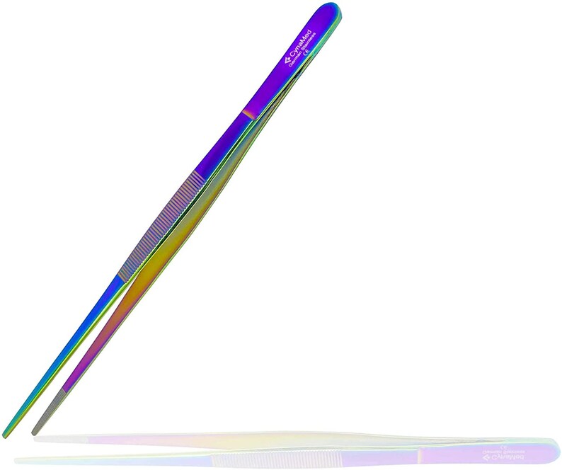 Pince à épiler Cynamed Kitchen Premium 10 po. Acier inoxydable, longue avec embouts dentelés avec précision différentes couleurs Forceps multi-usages Rainbow