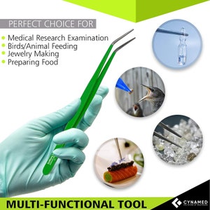 10 Cynamed Kitchen Premium Tongs Tweezers Stainless Steel, Long with Precision Serrated Curved Tips Green Color Multi Purpose Forceps image 5