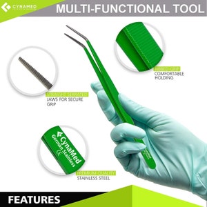 10 Cynamed Kitchen Premium Tongs Tweezers Stainless Steel, Long with Precision Serrated Curved Tips Green Color Multi Purpose Forceps image 2