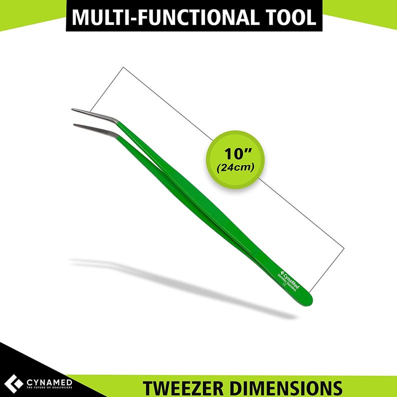 10 Cynamed Kitchen Premium Tongs Tweezers Stainless Steel, Long with Precision Serrated Curved Tips Green Color Multi Purpose Forceps image 1