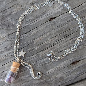 May include: A silver chain necklace with a small glass bottle pendant filled with purple crystals. The bottle is attached to a silver octopus charm and a silver star charm.