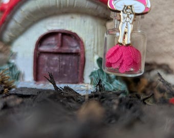 Botanical Jar Necklace: Mushroom Woman Charm, Fabric Flower