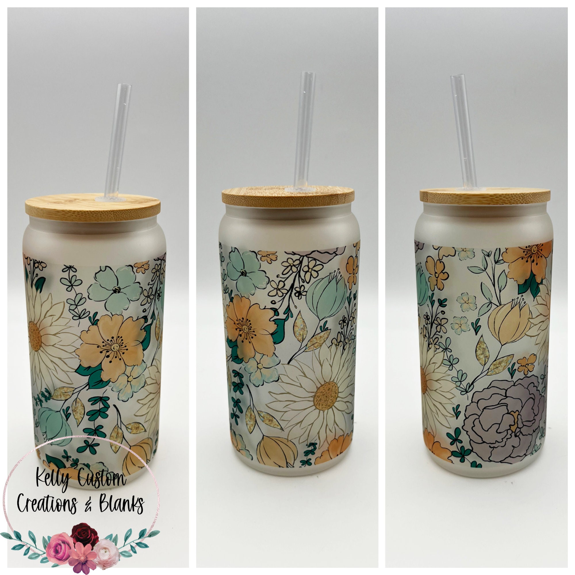 Fall Floral Glass Can Cup Iced Coffee Cup Smoothie Glass 