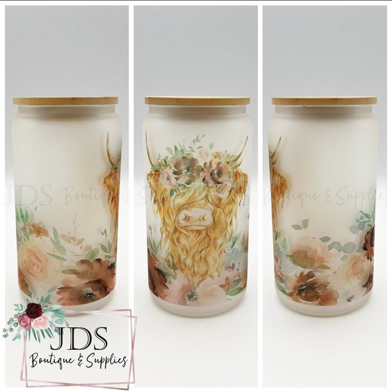 Floral Frosted Glass Can Cup | Glass Can Cup | Frosted Glass Can Cup | Iced  Coffee Cup