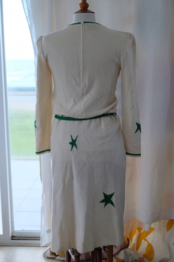 Adolfo white knit dress with green stars