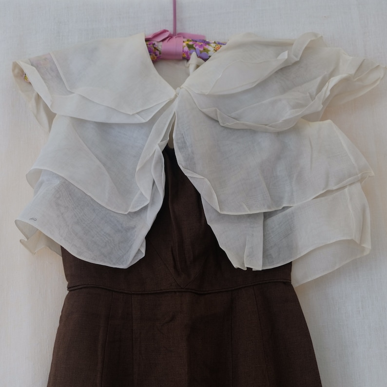 Vintage 1950s Brown Linen dress with White Organza Shrug