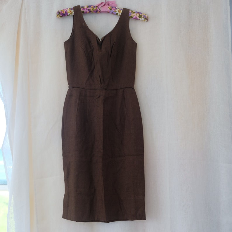 Vintage 1950s Brown Linen dress with White Organza Shrug