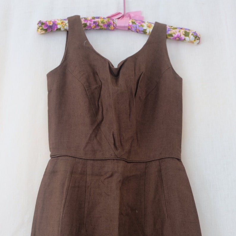 Vintage 1950s Brown Linen dress with White Organza Shrug