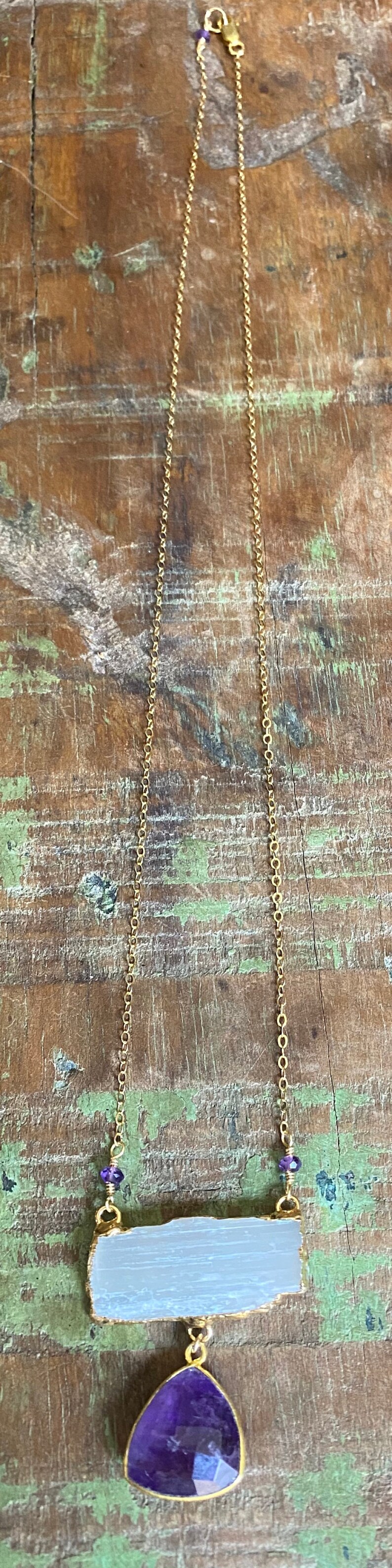 Sweet Selenite Necklace with Amethyst Drop in Gold-Filled Chain with Gold-Filled Clasp