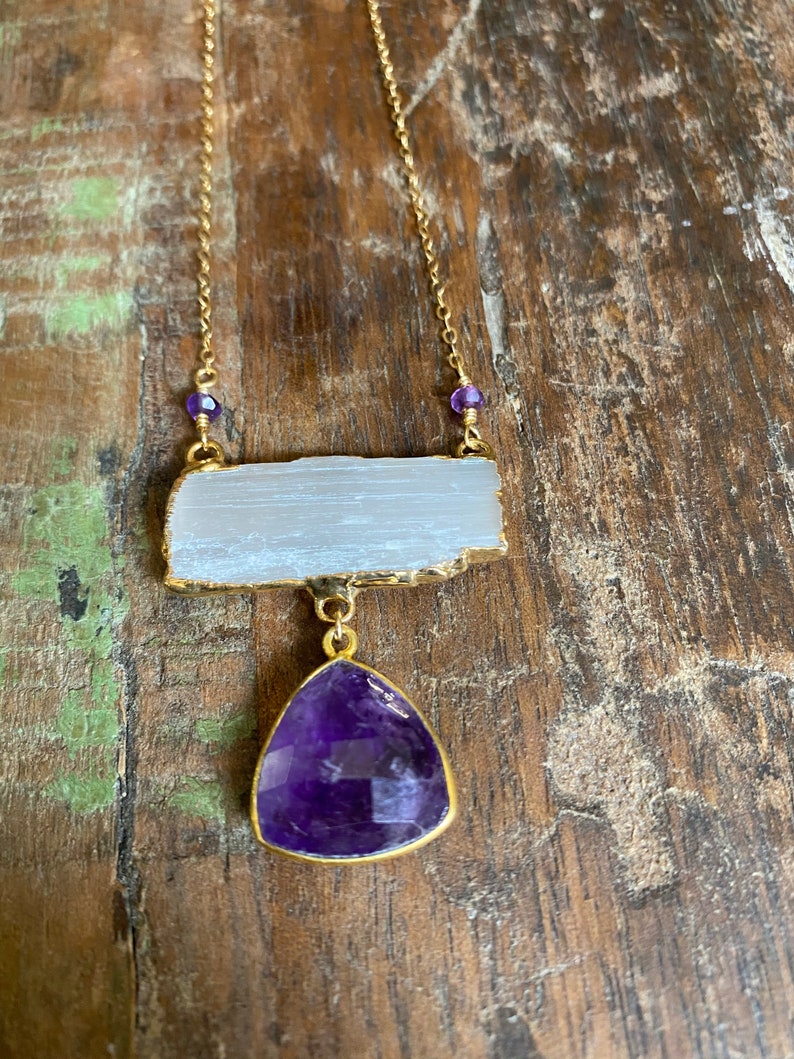 Sweet Selenite Necklace with Amethyst Drop in Gold-Filled Chain with Gold-Filled Clasp