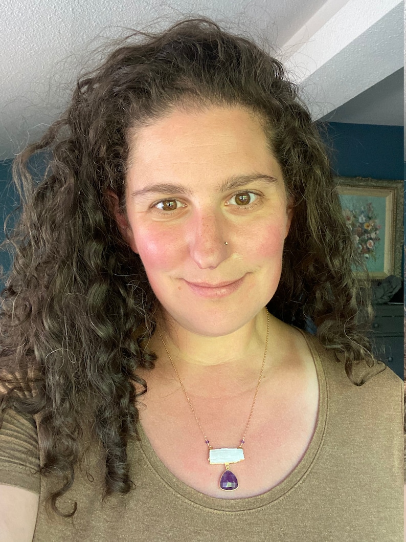 Sweet Selenite Necklace with Amethyst Drop in Gold-Filled Chain with Gold-Filled Clasp