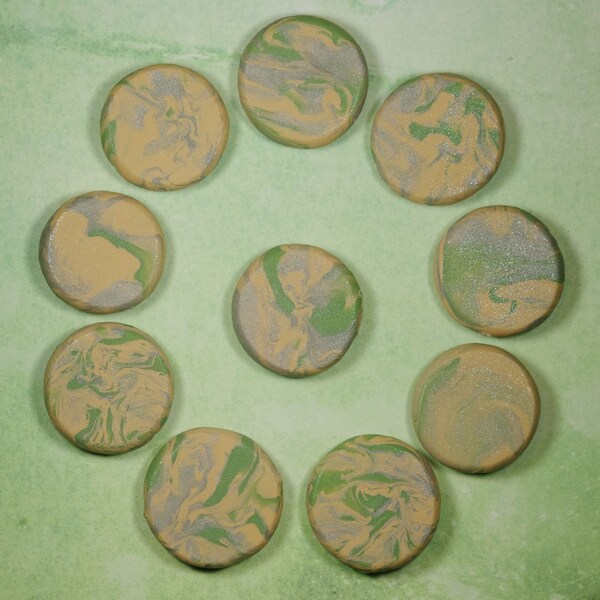 Beads | Shimmer Matte Green and Tan Marbled Polymer Clay Coins