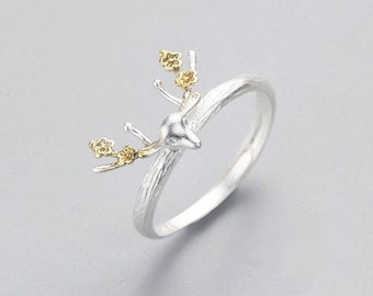 Plum Flower Deer Ring, Sterling Silver, Adjustable Ring, Rings For Women, Elegant Fine Jewelry, Party, Bijoux, Fashion Jewelry