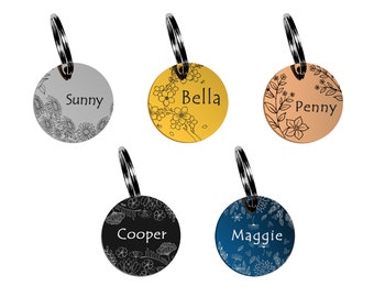 Floral Personalized Pet ID Tag - Engraved Dog & Cat Tag - Small Dog ID, Custom Tags - Stainless Steel, Pet Tag, Customized Dog Tags Premium