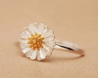Daisy Flower Ring, Sterling Silver, Adjustable Ring, Rings For Women, Elegant Fine Jewelry,  Romantic, Party, Bijoux, Fashion Jewelry
