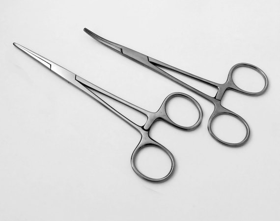 Pair of Fishing Forceps, Straight and Curved, Stainless Steel
