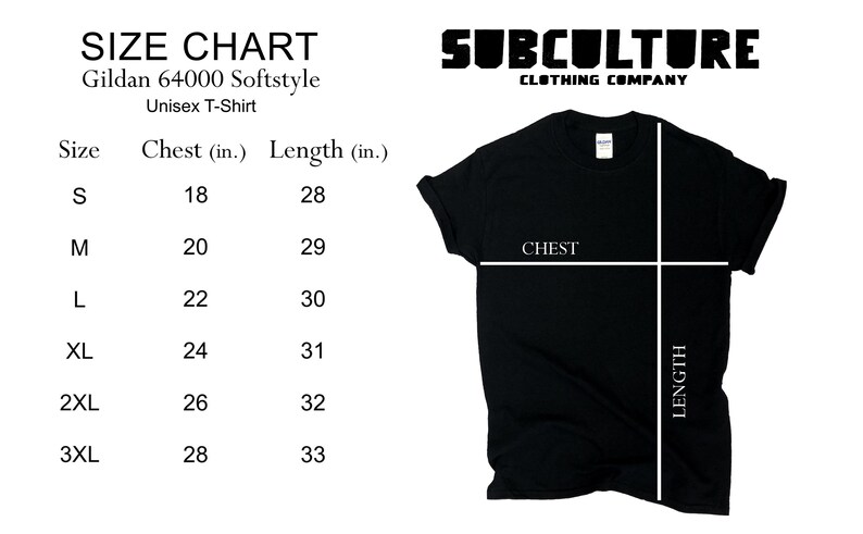 以下が含まれることがあります： Gildan 64000 Softstyle ユニセックス Tシャツのサイズチャート。チャートは、サイズS、M、L、XL、2XL、3XLの胸囲と着丈をインチで示しています。