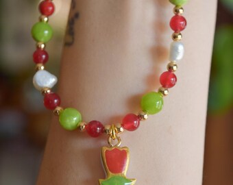 Hand-Painted Flower Charm Beaded Necklace