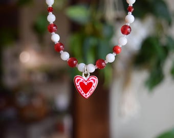 Hand-Painted Heart Charm Beaded Necklace
